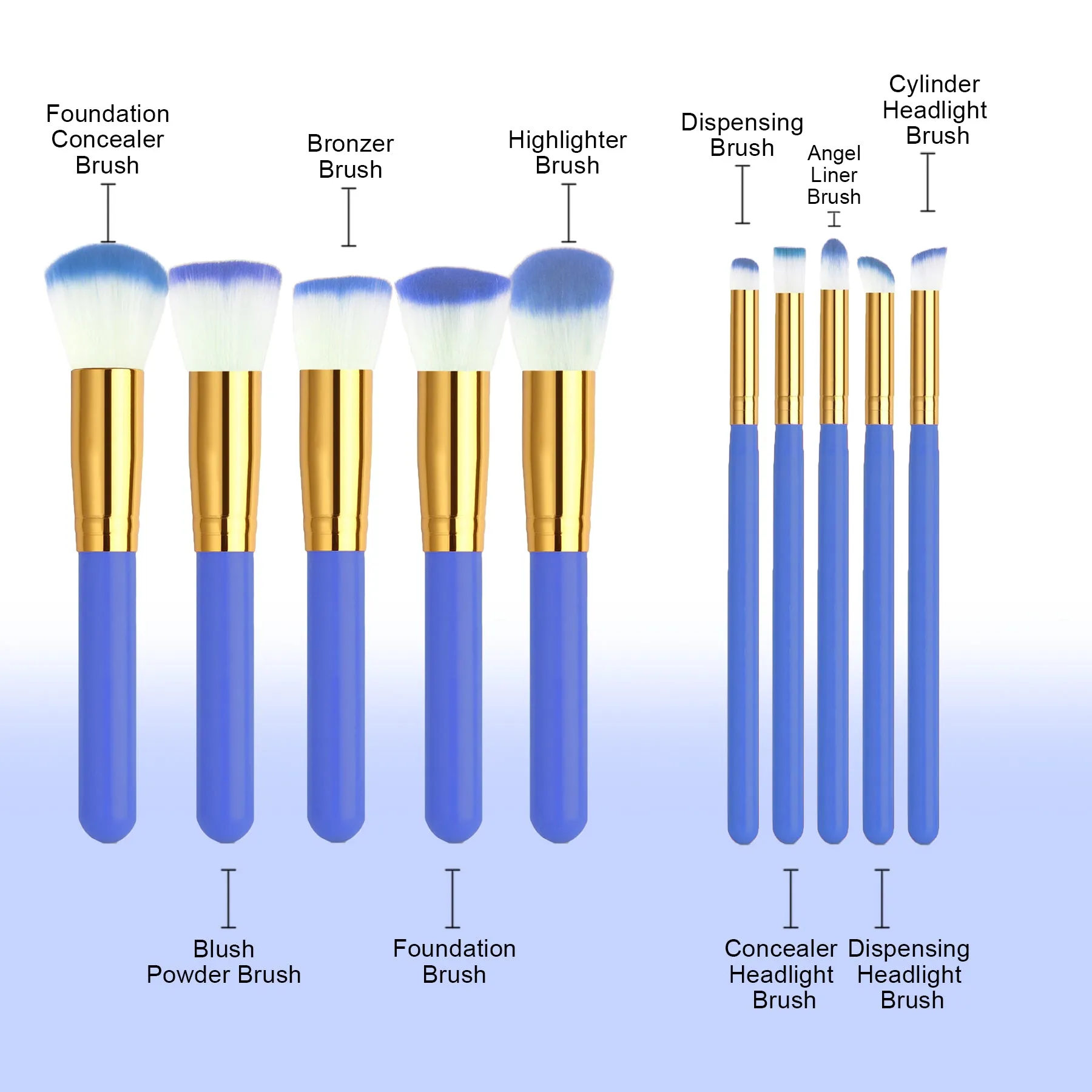 10 PCS Professional Makeup Brush Set (Blue)