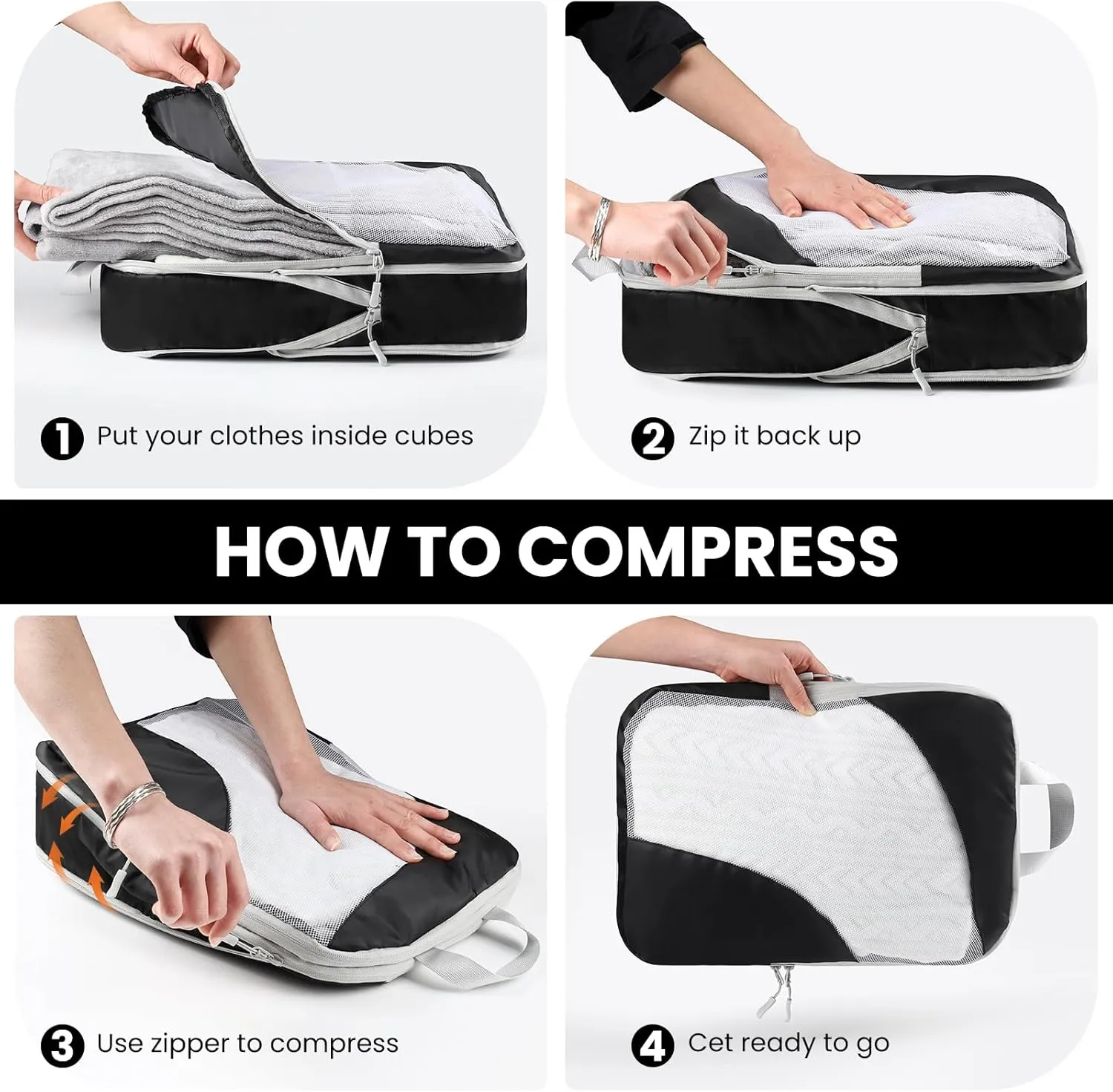 10 Set Compression Packing Cubes, Lightweight Travel Essentials, Stretchable Expandable Storage Bags, Compression Bags for Travel Accessories Luggage Storage Set (10 Pcs, Black)