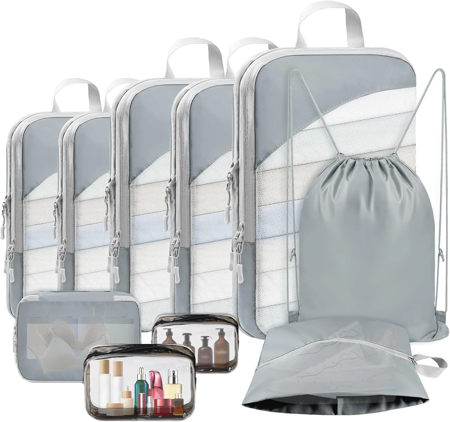 10 Set Compression Packing Cubes, Lightweight Travel Essentials, Stretchable Expandable Storage Bags, Compression Bags for Travel Accessories Luggage Storage Set (10 Pcs, Grey)