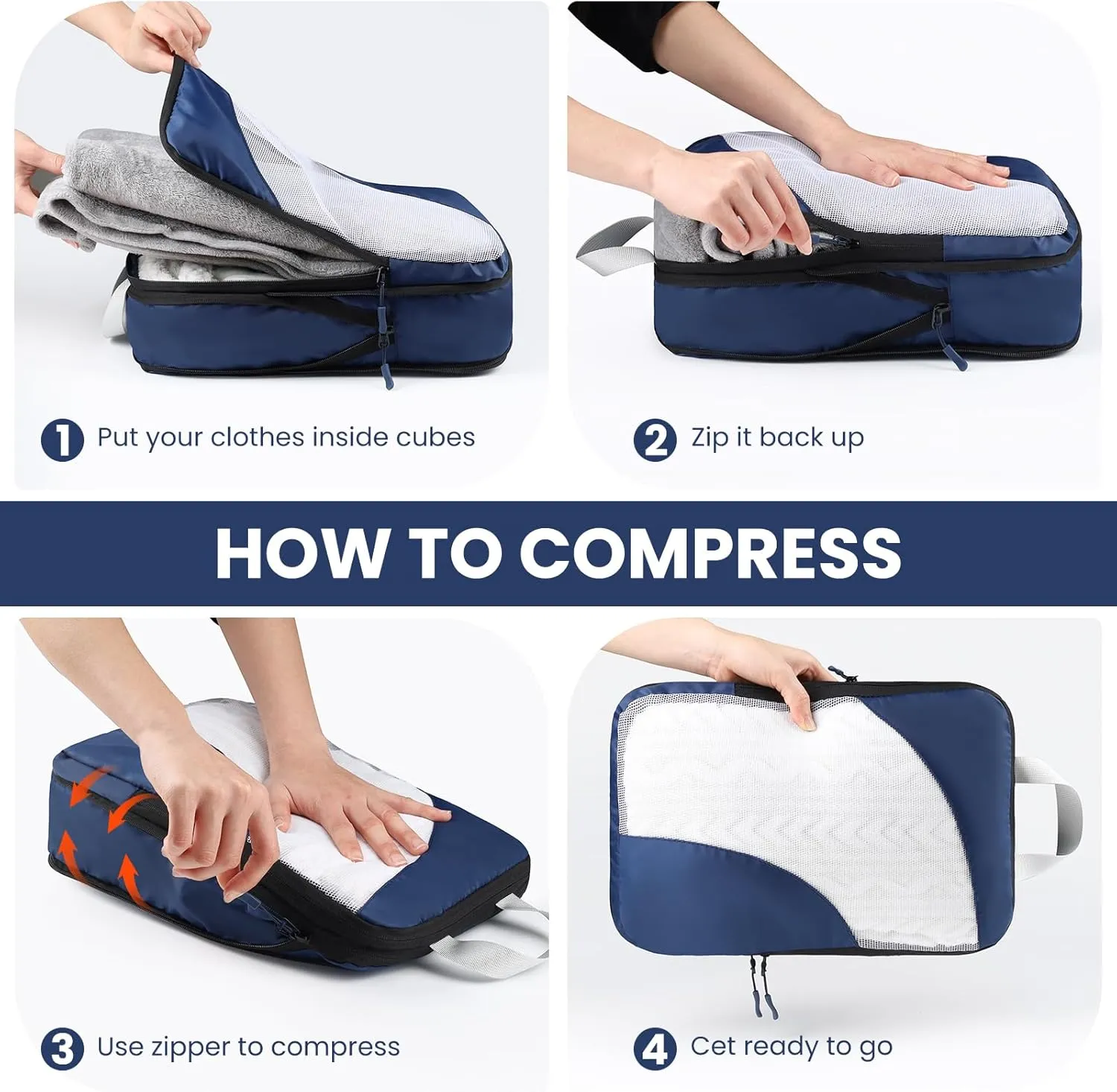 10 Set Compression Packing Cubes, Lightweight Travel Essentials, Stretchable Expandable Storage Bags, Compression Bags for Travel Accessories Luggage Storage Set (10 Pcs, Navy Blue)