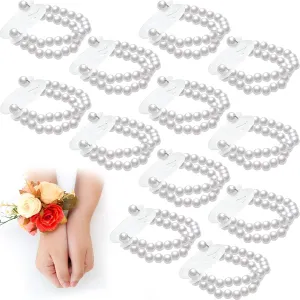 12 Pieces Elastic Pearl Wristband Corsage Wristlet Band Corsage Bracelet Pearl Wedding Wrist DIY Decor Corsage Pearl Bead Stretch Wristband Accessory for Wedding Bridesmaid Bride Prom Handmade