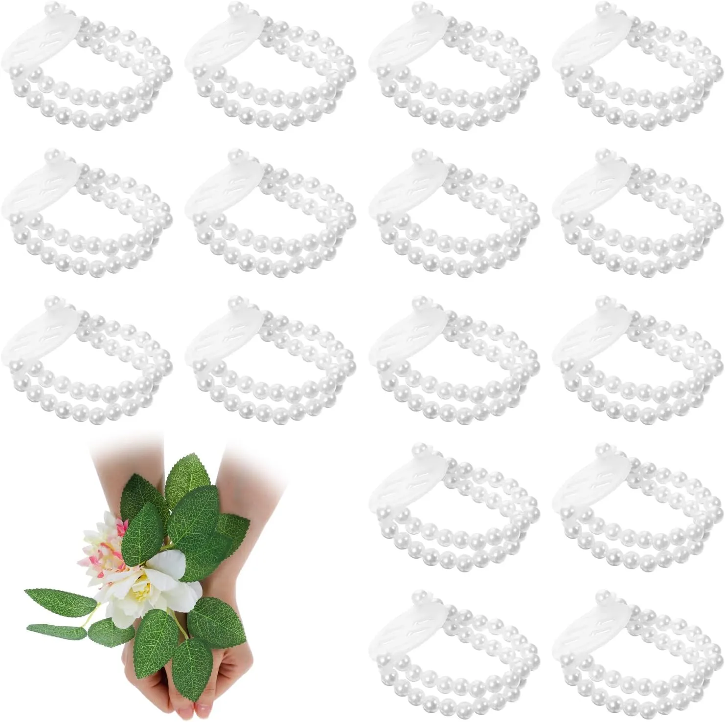 16 Pcs Corsage Bracelet, Elastic Faux Pearl Bead Wrist Corsages Bracelets for Bride Bridesmaid DIY, Corsage Wristlet for Wedding Prom, Stretch Wedding Wristband (White)