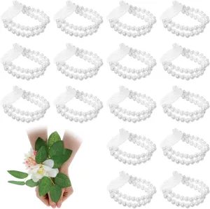 16 Pcs Corsage Bracelet, Elastic Faux Pearl Bead Wrist Corsages Bracelets for Bride Bridesmaid DIY, Corsage Wristlet for Wedding Prom, Stretch Wedding Wristband (White)