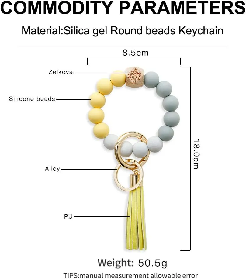 2 Piece Women Silicone Keychain Bracelet Beaded Wristlet Key Ring Bangle Chains with Leather Tassel