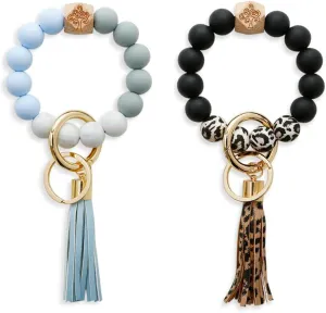 2 Piece Women Silicone Keychain Bracelet Beaded Wristlet Key Ring Bangle Chains with Leather Tassel