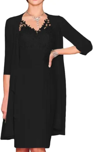 2 Pieces Chiffon Mother of The Bride Dresses with Jacket Long Sleeve Tea Length Lace Formal Evening Gowns PG014