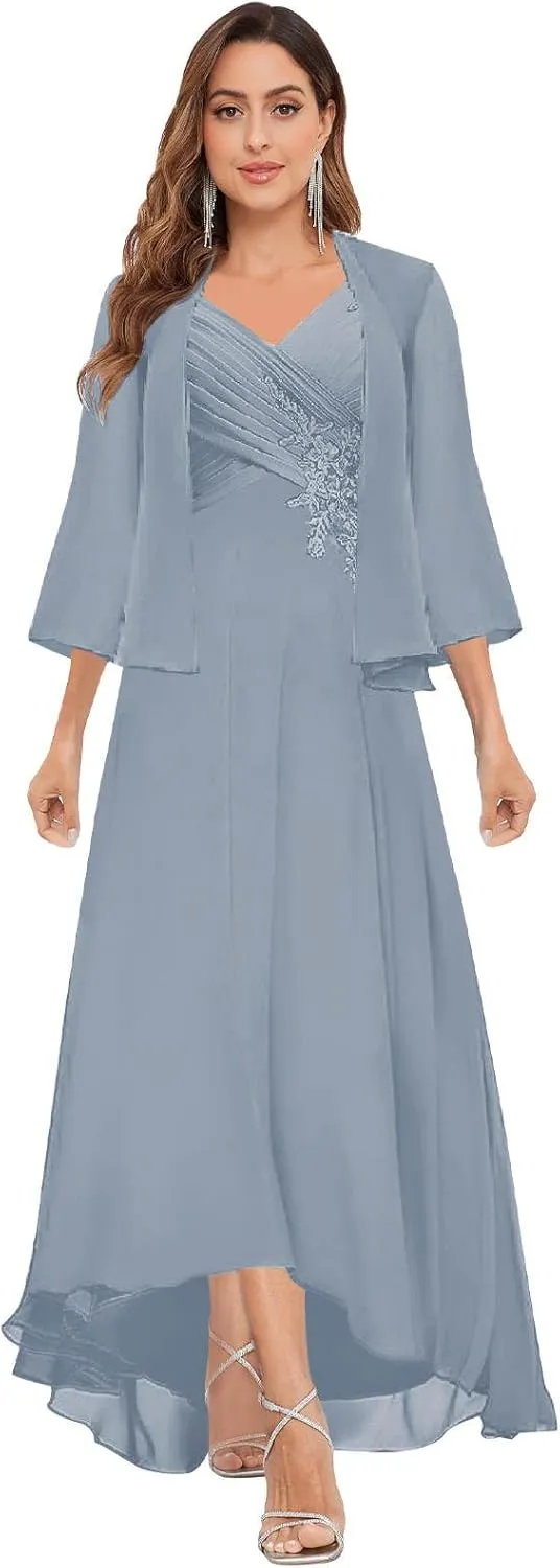 2 Pieces Mother of The Bride Dresses for Wedding Long Chiffon Pleated Lace Appliques Formal Gown with Jacket