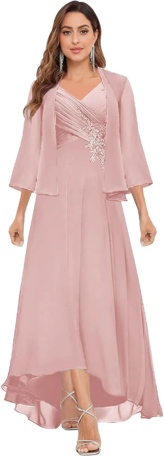 2 Pieces Mother of The Bride Dresses for Wedding Long Chiffon Pleated Lace Appliques Formal Gown with Jacket