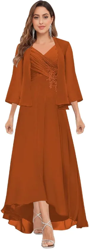 2 Pieces Mother of The Bride Dresses for Wedding Long Chiffon Pleated Lace Appliques Formal Gown with Jacket
