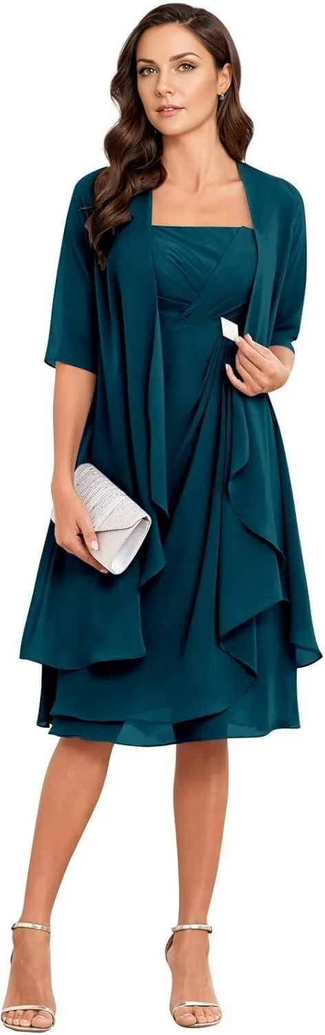 2 Pieces Mother of The Bride Dresses Half Sleeve Chiffon Formal Evening Dress for Wedding