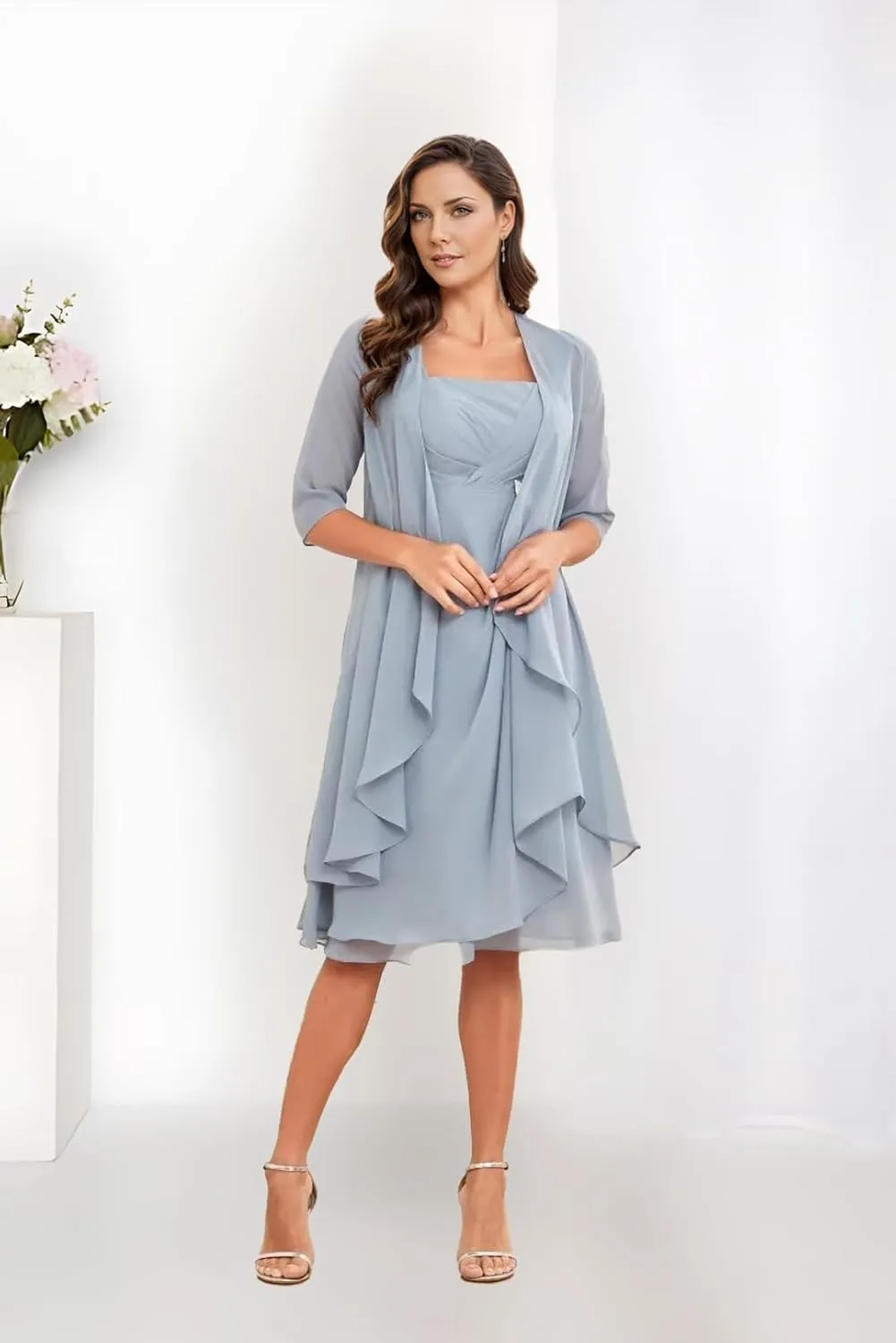2 Pieces Mother of The Bride Dresses Half Sleeve Chiffon Formal Evening Dress for Wedding