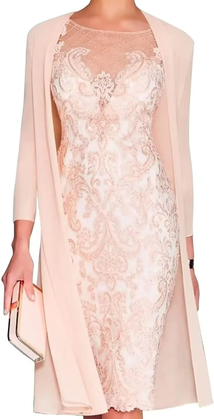 2 Pieces Mother of The Bride Dresses with Jacket for Wedding Long Sleeve Lace Formal Evening Gowns PG012