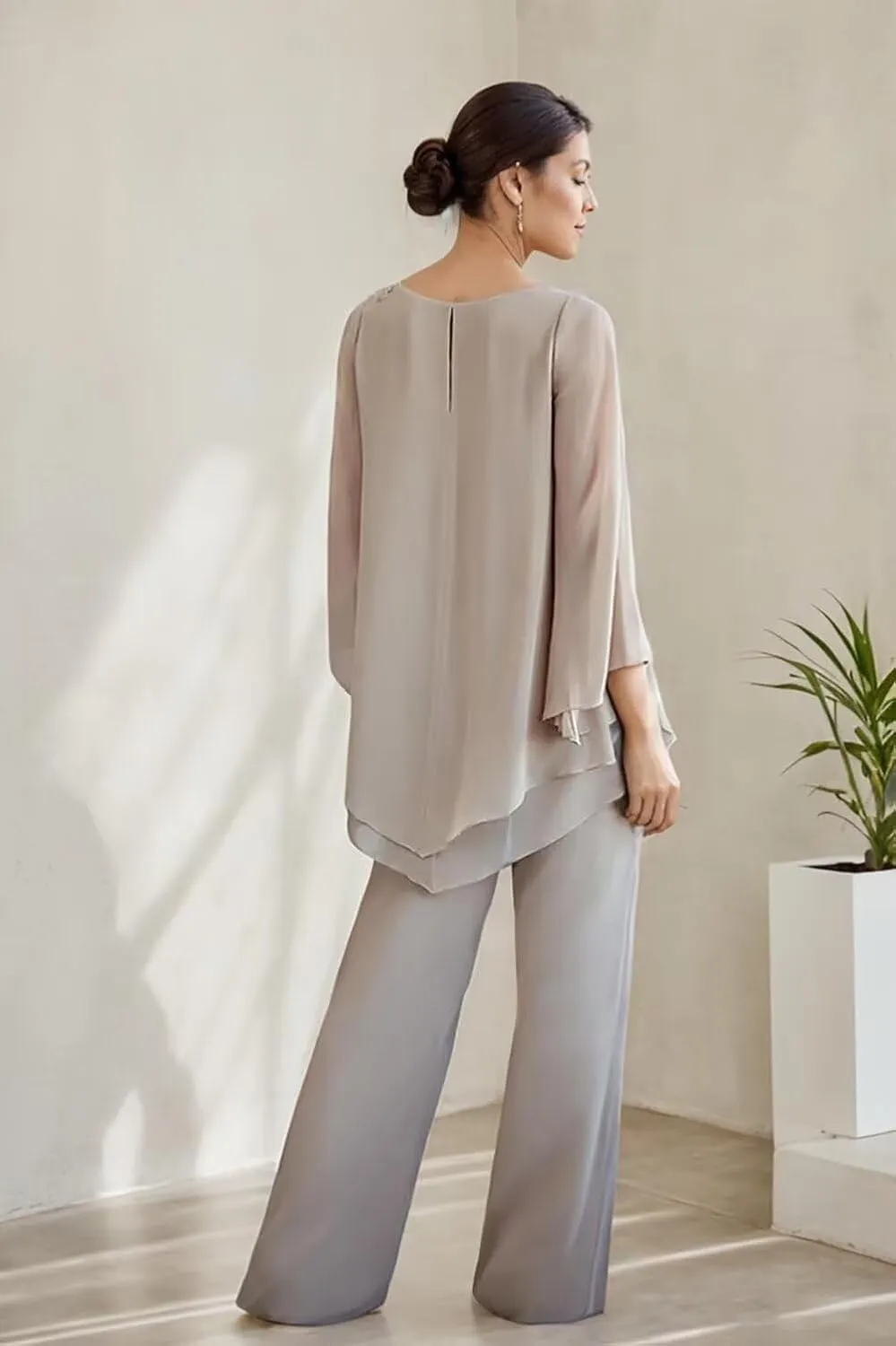 2 Pieces Mother of The Bride Pant Suits for Women Chiffon Wedding Guest Pantsuits with Sleeves Outfit Set