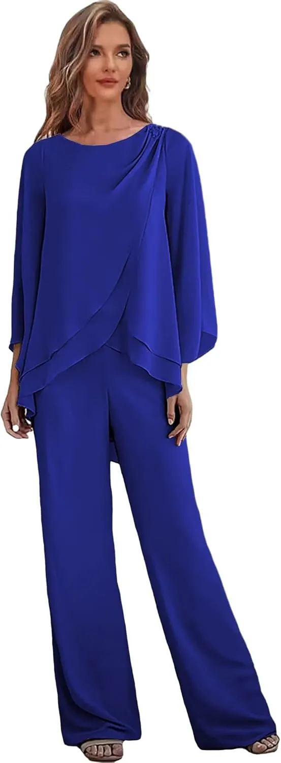2 Pieces Mother of The Bride Pant Suits for Women Chiffon Wedding Guest Pantsuits with Sleeves Outfit Set