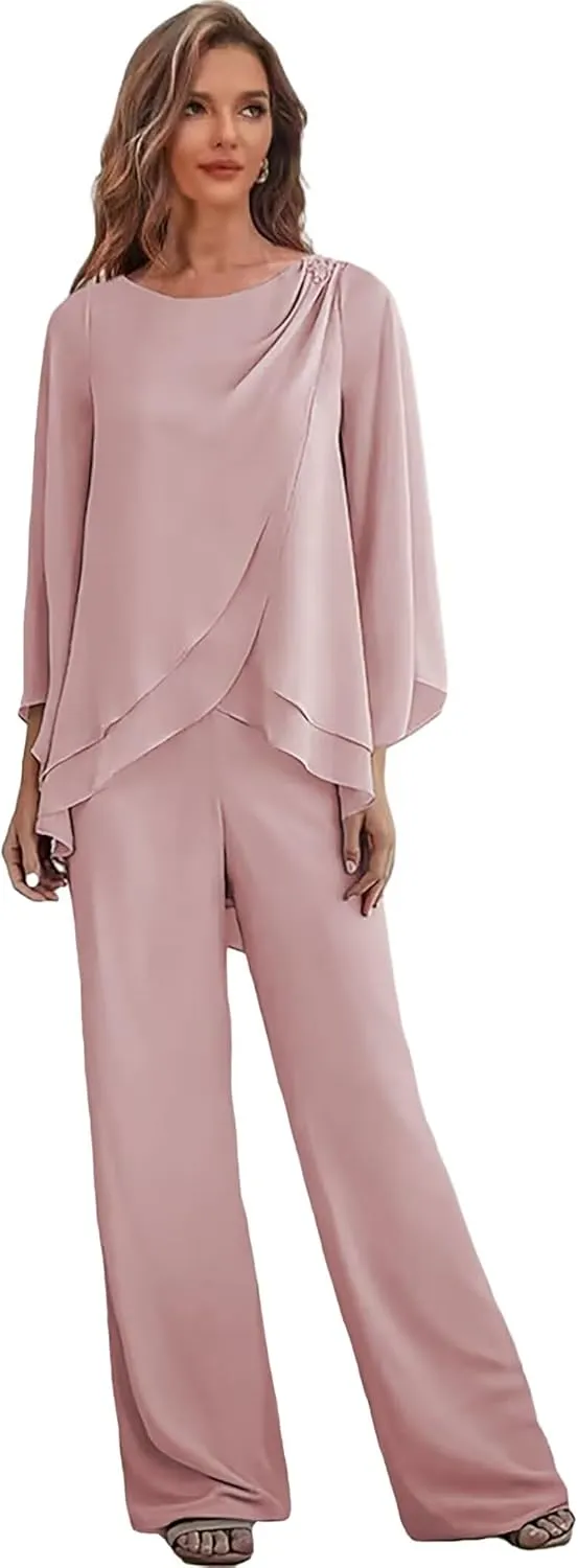 2 Pieces Mother of The Bride Pant Suits for Women Chiffon Wedding Guest Pantsuits with Sleeves Outfit Set