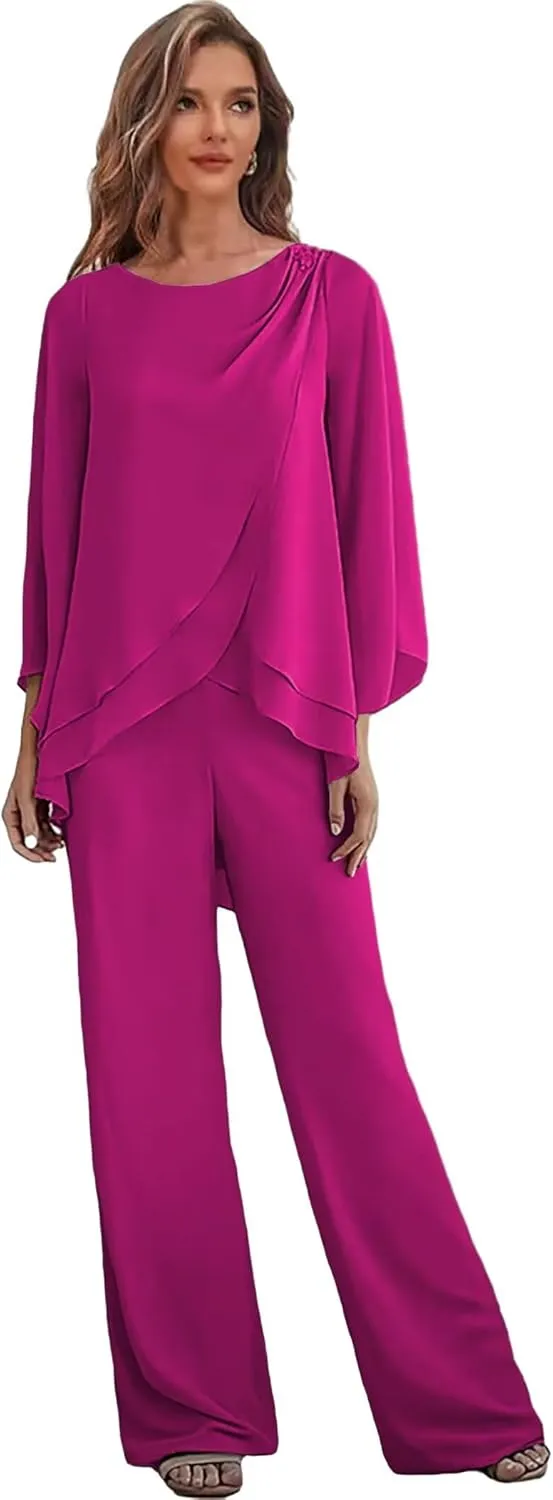 2 Pieces Mother of The Bride Pant Suits for Women Chiffon Wedding Guest Pantsuits with Sleeves Outfit Set