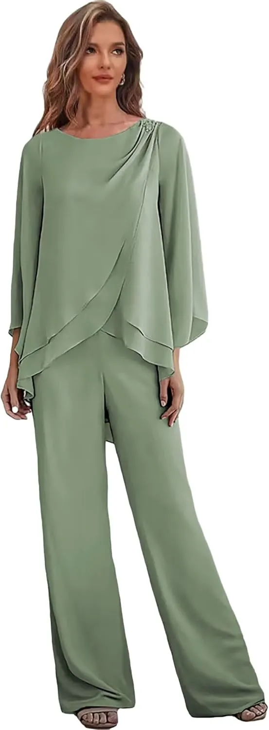 2 Pieces Mother of The Bride Pant Suits for Women Chiffon Wedding Guest Pantsuits with Sleeves Outfit Set