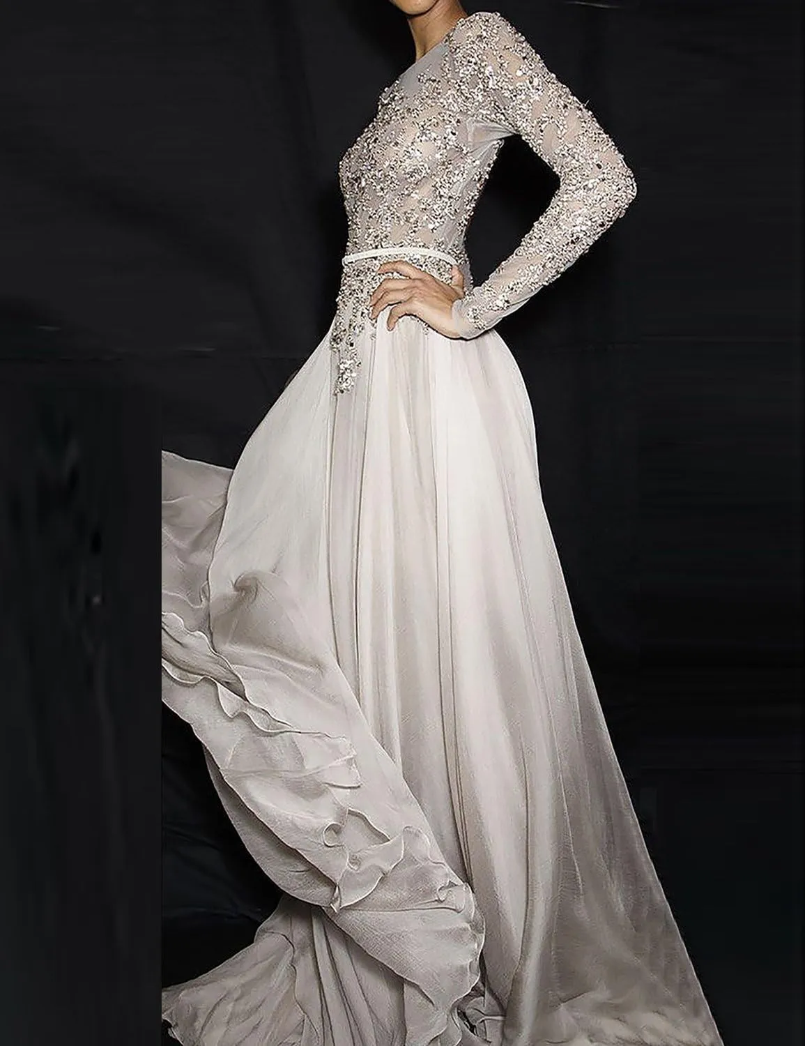 2018 Manual Bead Elegant Evening Dress Long Sleeve Party Gown Formal Celebrity EV188