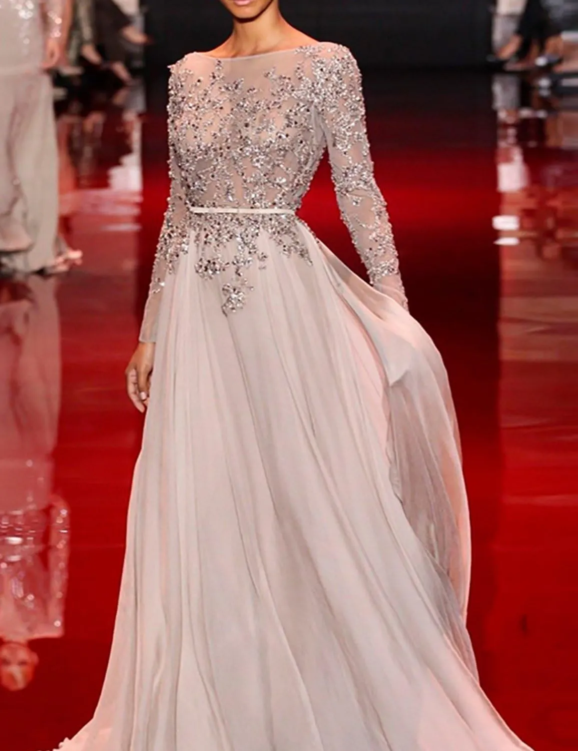 2018 Manual Bead Elegant Evening Dress Long Sleeve Party Gown Formal Celebrity EV188