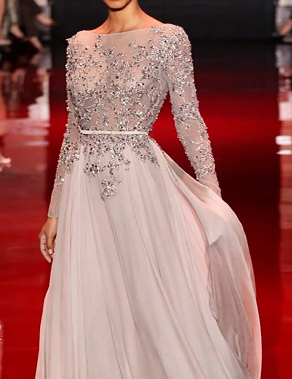 2018 Manual Bead Elegant Evening Dress Long Sleeve Party Gown Formal Celebrity EV188