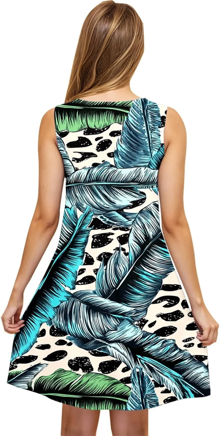 2025 Funny Print Swing Mini Dress for Women Beach Sleeveless Tank Sundresses Summer Scoop Neck T Shirt Tunic Dresses