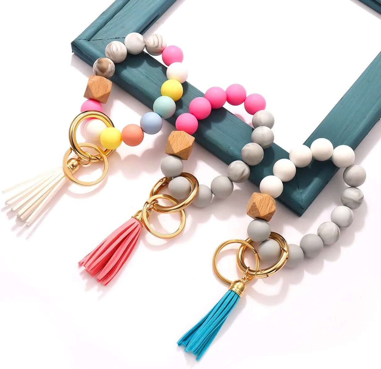 3 Pack Silicone Bead Keyring Bracelet Wristlet Keychain w/Tassel House Car Key Ring Holder