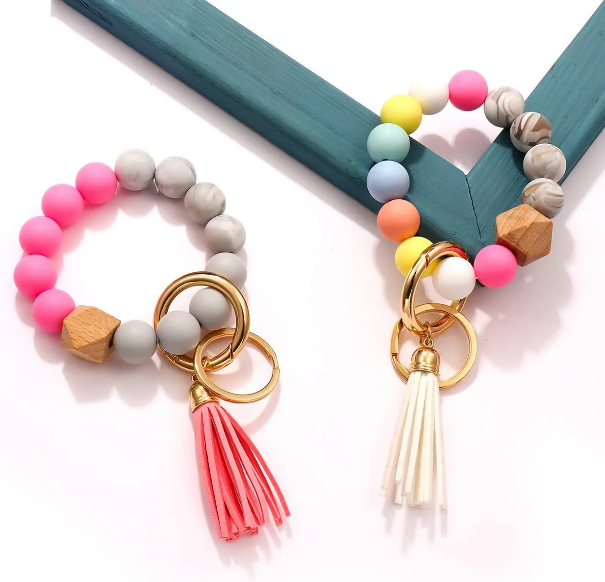 3 Pack Silicone Bead Keyring Bracelet Wristlet Keychain w/Tassel House Car Key Ring Holder