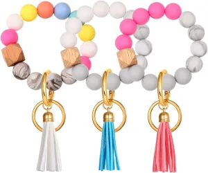 3 Pack Silicone Bead Keyring Bracelet Wristlet Keychain w/Tassel House Car Key Ring Holder