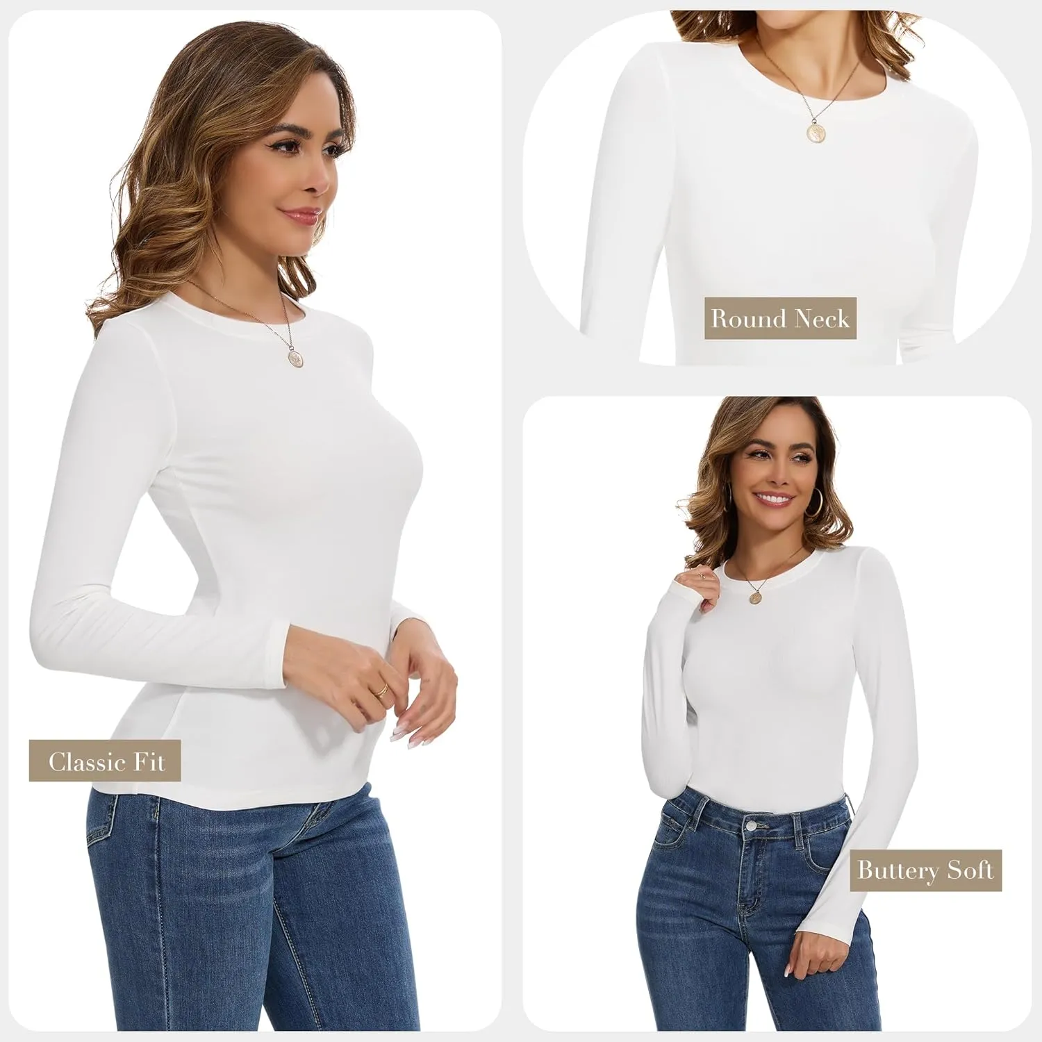 3 Pack Womens Long Sleeve Shirts Crew Neck Basic Stretchy Fitted Y2K Tops Going Out Fashion Clothes