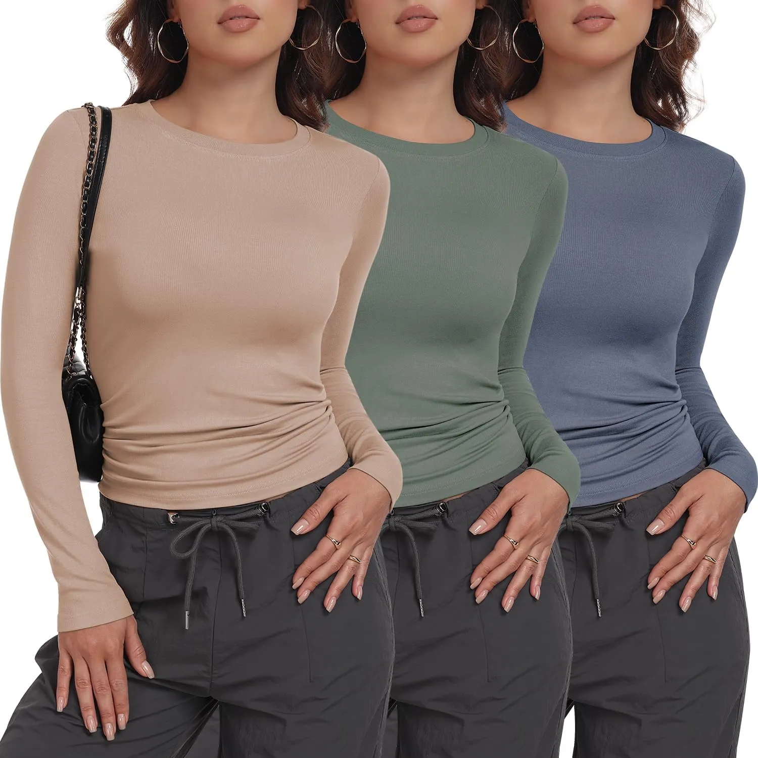 3 Pack Womens Long Sleeve Shirts Crew Neck Basic Stretchy Fitted Y2K Tops Going Out Fashion Clothes