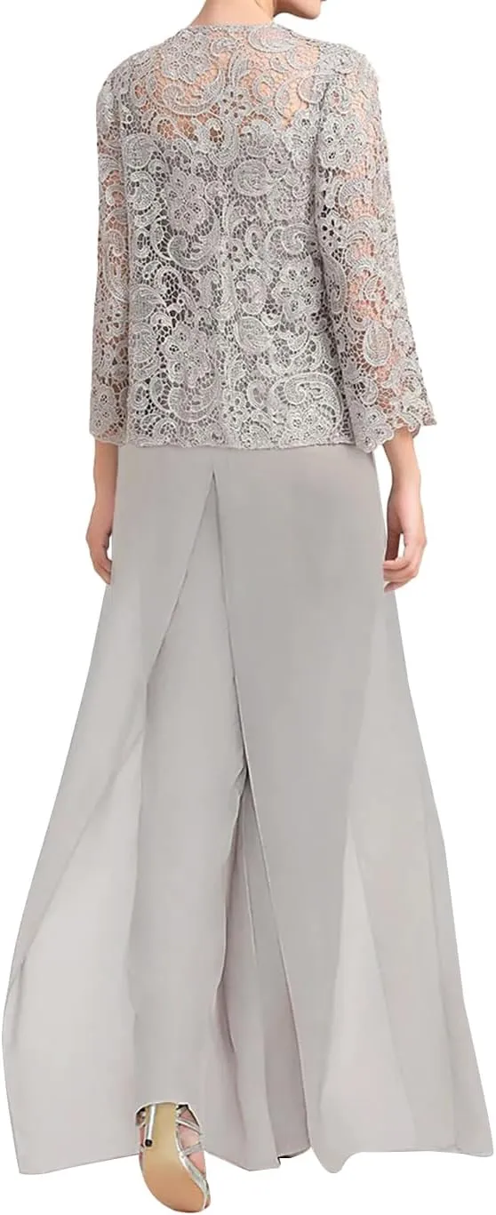 3 Pieces Mother of The Bride Dresses Pant Suits Chiffon Evening Formal Dress for Wedding Guest Groom Dresses Lace Jacket
