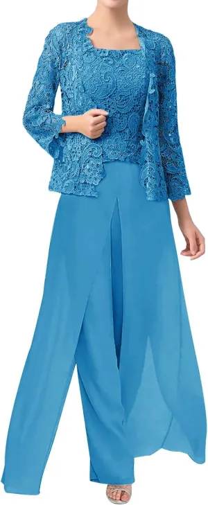 3 Pieces Mother of The Bride Dresses Pant Suits Chiffon Evening Formal Dress for Wedding Guest Groom Dresses Lace Jacket