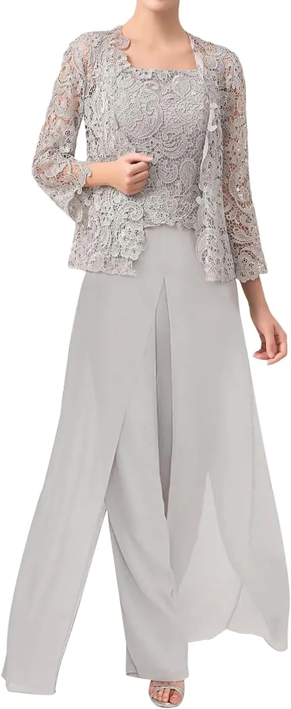 3 Pieces Mother of The Bride Dresses Pant Suits Chiffon Evening Formal Dress for Wedding Guest Groom Dresses Lace Jacket