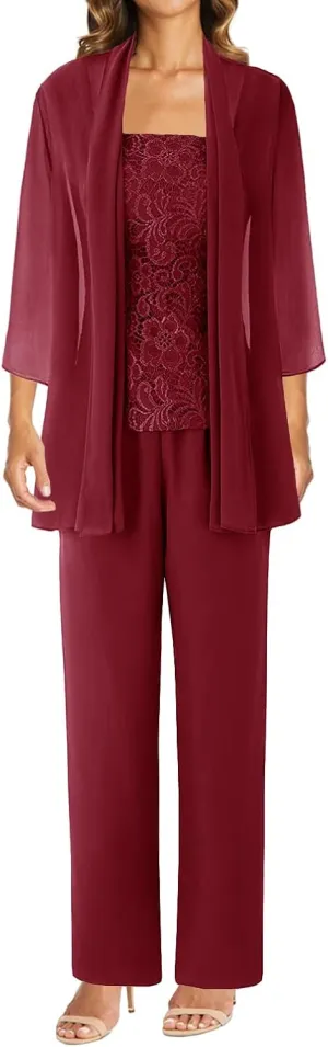 3 Pieces Mother of The Bride Dresses Pant Suits Lace Evening Formal Dress for Wedding Guest Groom Dress Chiffon Jacket