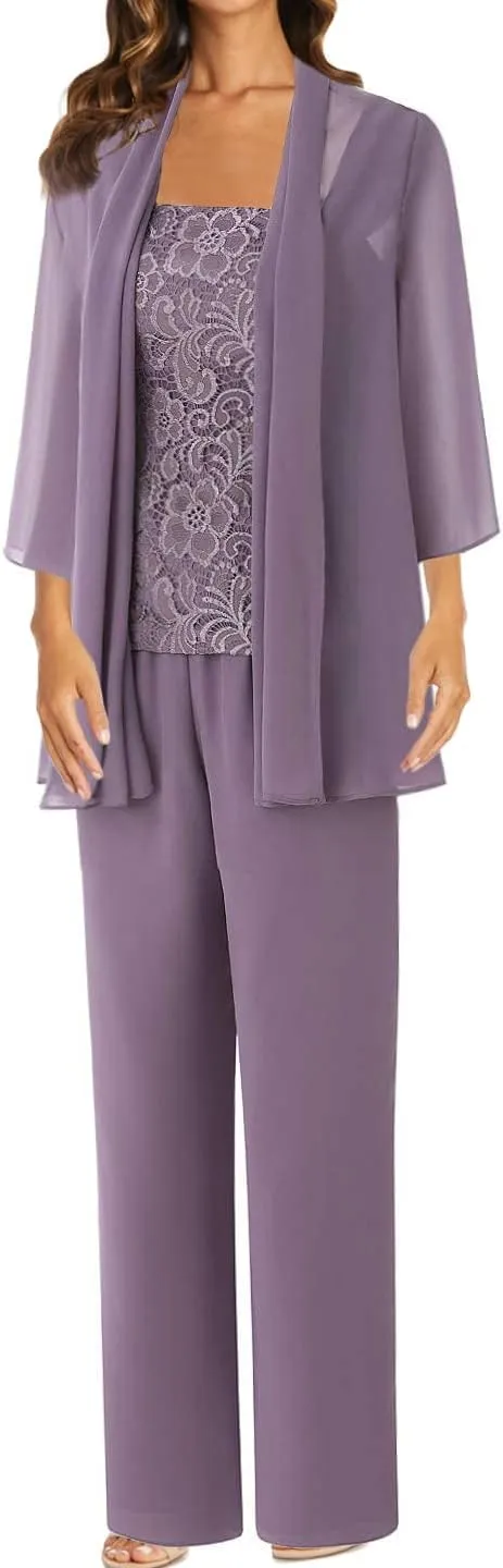 3 Pieces Mother of The Bride Dresses Pant Suits Lace Evening Formal Dress for Wedding Guest Groom Dress Chiffon Jacket