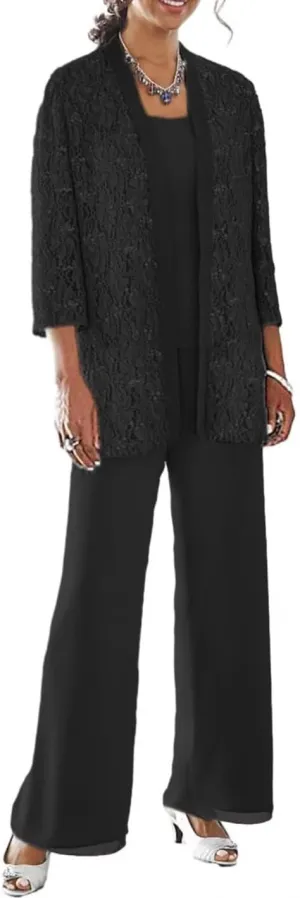 3 Pieces Mother of The Bride Pant Suits with Jacket 3/4 Sleeve Lace Chiffon Dressy Pants Outfit for Women