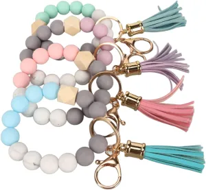 4pcs Keychain Bracelet Wristlet, Silicone Beaded Key Ring Bracelet for Women Key Ring Bracelet with PU Tassels Car Keychain Holder Wristlet for Car Keys, Wallets