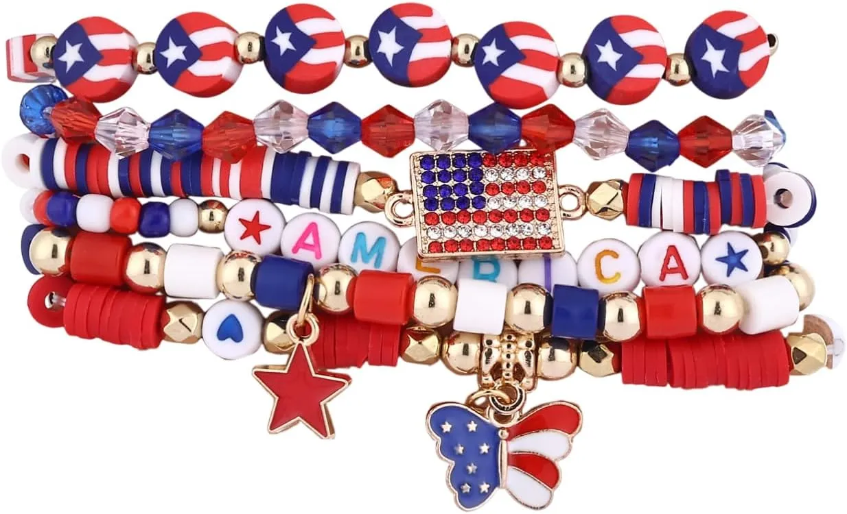 4th of July Bracelets Set American Flag Patriotic Beaded Stackable Bracelet for Women Handmade Braided Red Blue and White Independence Day Jewelry USA Freedom Charm Wristlets