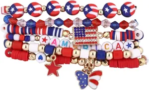 4th of July Bracelets Set American Flag Patriotic Beaded Stackable Bracelet for Women Handmade Braided Red Blue and White Independence Day Jewelry USA Freedom Charm Wristlets