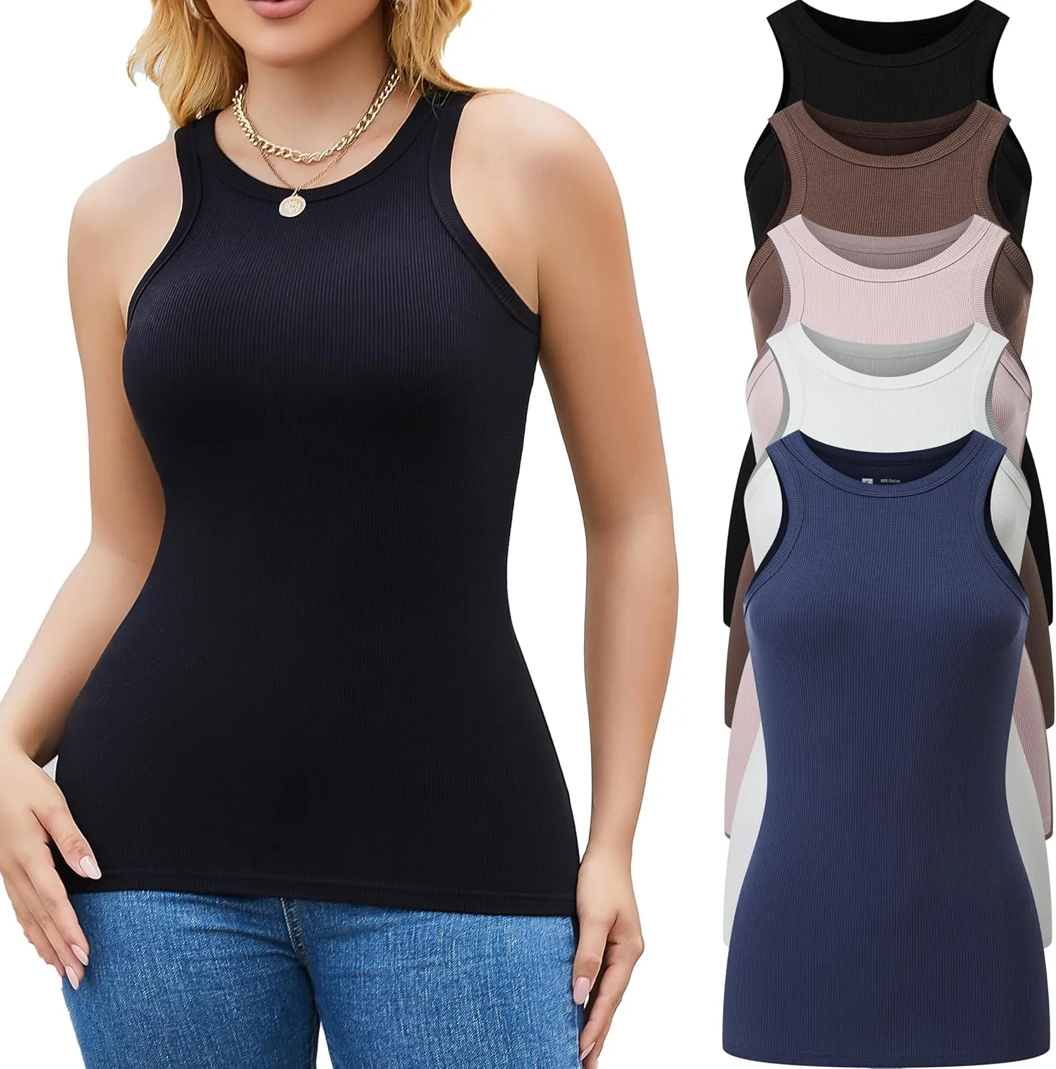 5 Pack Womens Tank Tops Crew Neck Sleeveless Racerback Summer Basic Fitted Womens Tops