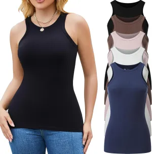 5 Pack Womens Tank Tops Crew Neck Sleeveless Racerback Summer Basic Fitted Womens Tops