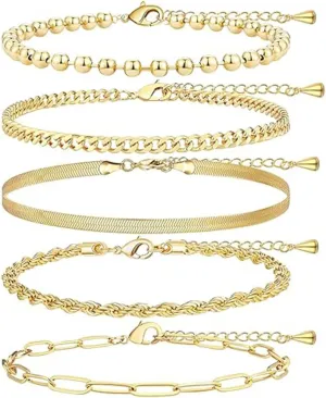5 pcs Women's gold bracelet cuff dainty Set - Fashionable, Stackable, Waterproof, Comes with Tennis and Bead Pendant Bracelet, Stackable Cuban Chain Paper Clip Chain Bracelet Bag Fashion Accessories