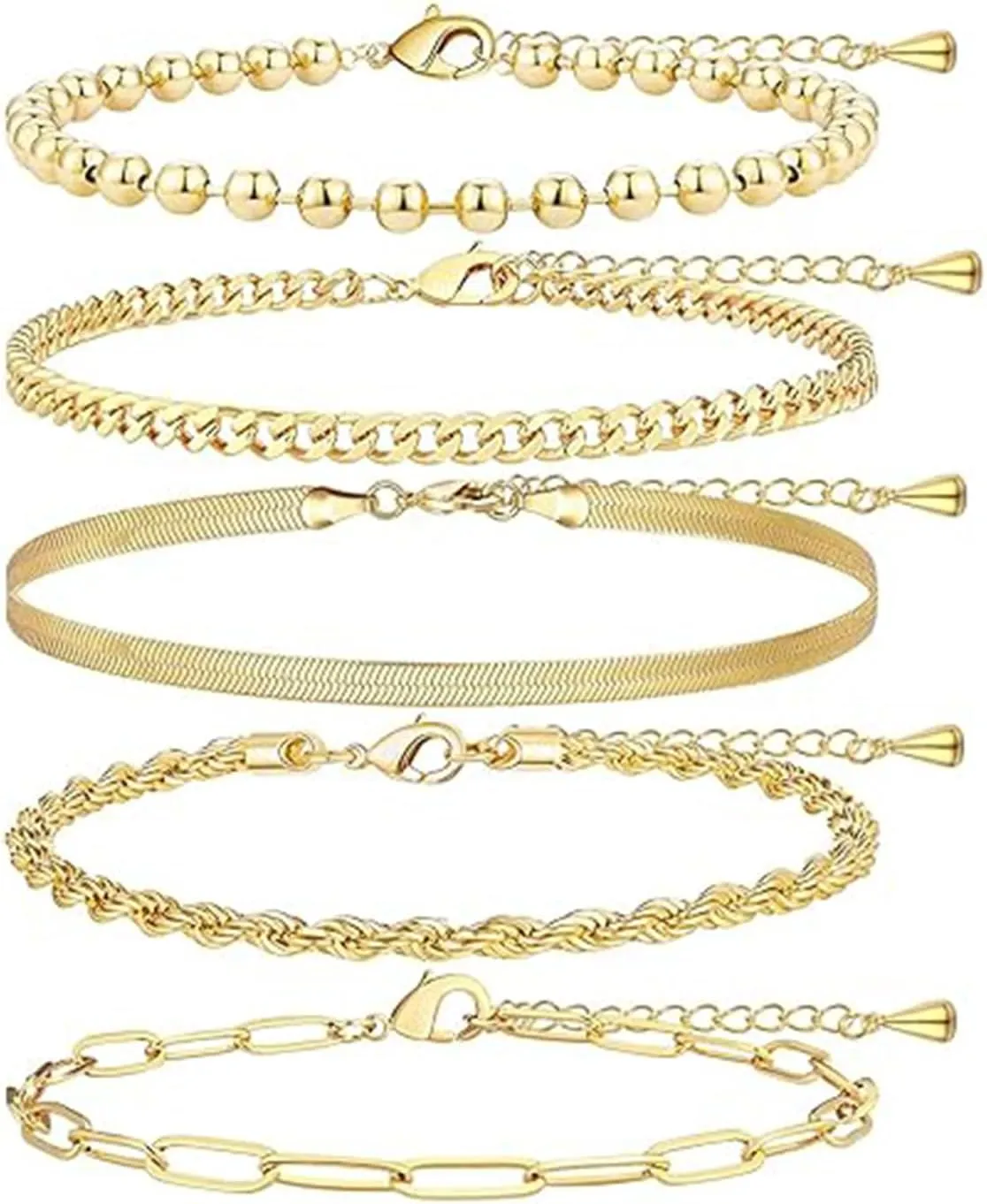 5 pcs Women's gold bracelet cuff dainty Set - Fashionable, Stackable, Waterproof, Comes with Tennis and Bead Pendant Bracelet, Stackable Cuban Chain Paper Clip Chain Bracelet Bag Fashion Accessories