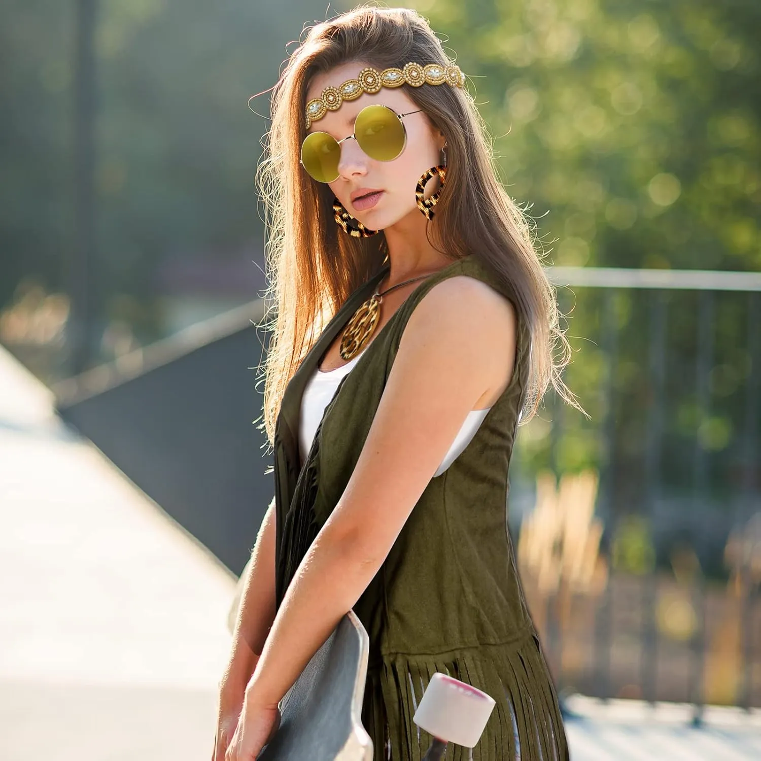 6 Pcs 60s 70s Outfits for Women Hippie Costume Set Peace Sign Earring Headband Fringe Vest Tassel Cardigan
