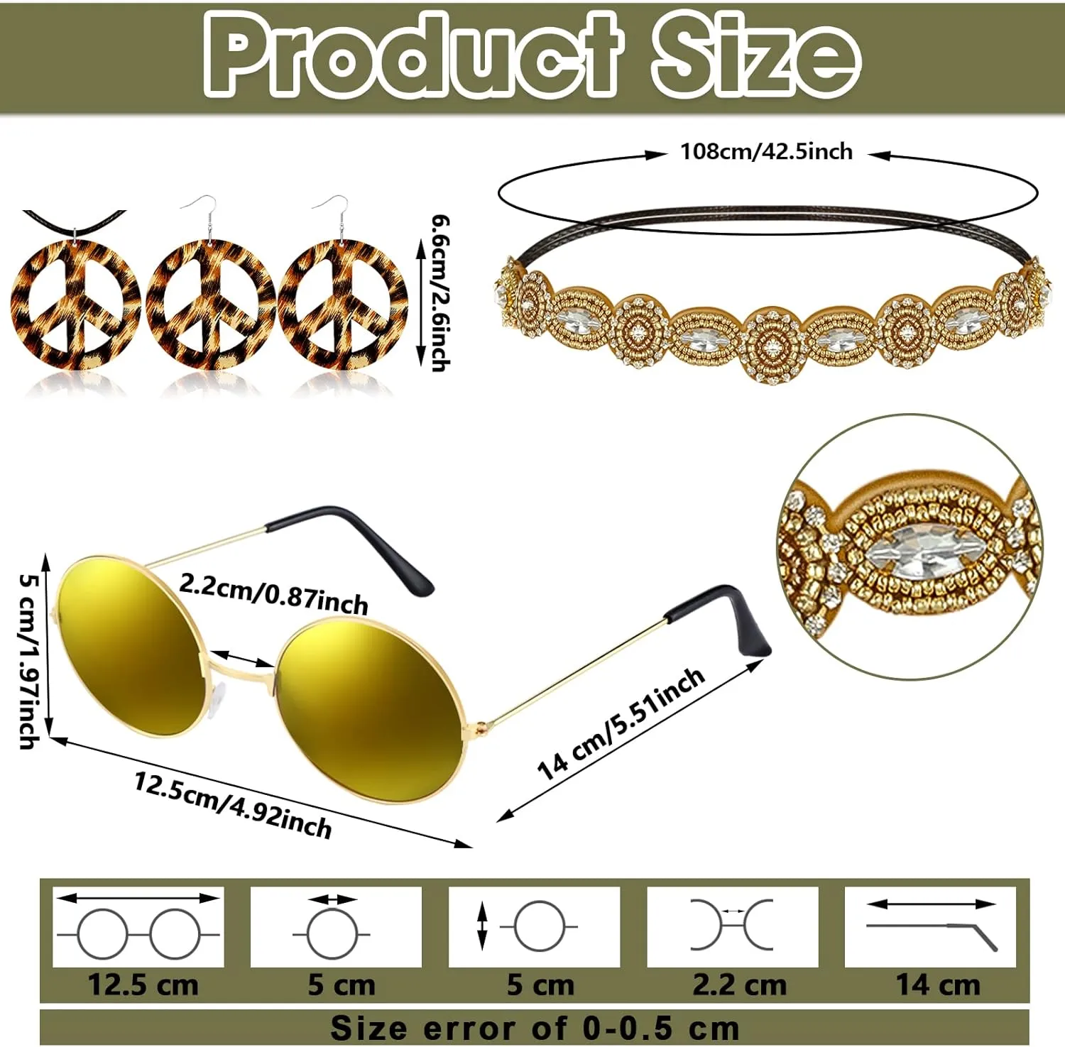 6 Pcs 60s 70s Outfits for Women Hippie Costume Set Peace Sign Earring Headband Fringe Vest Tassel Cardigan