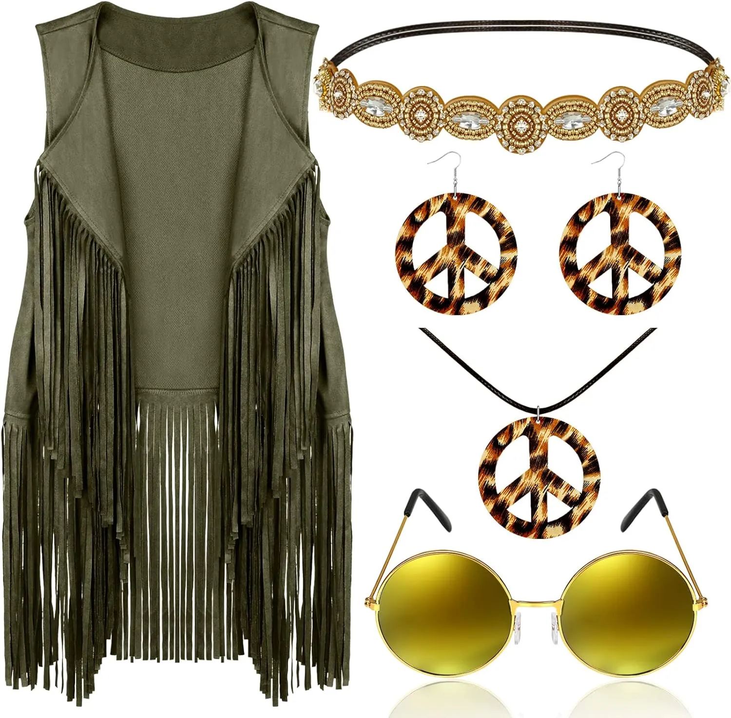 6 Pcs 60s 70s Outfits for Women Hippie Costume Set Peace Sign Earring Headband Fringe Vest Tassel Cardigan