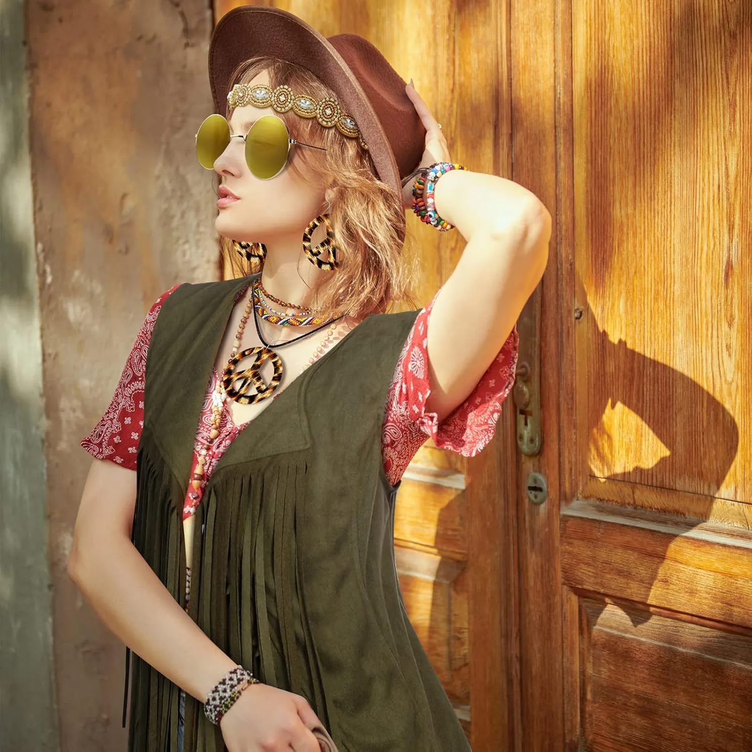 6 Pcs 60s 70s Outfits for Women Hippie Costume Set Peace Sign Earring Headband Fringe Vest Tassel Cardigan