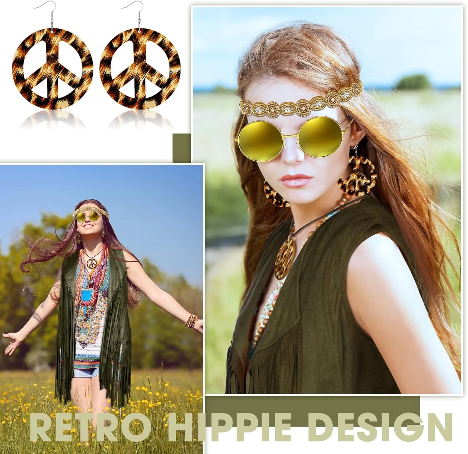 6 Pcs 60s 70s Outfits for Women Hippie Costume Set Peace Sign Earring Headband Fringe Vest Tassel Cardigan