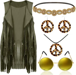 6 Pcs 60s 70s Outfits for Women Hippie Costume Set Peace Sign Earring Headband Fringe Vest Tassel Cardigan