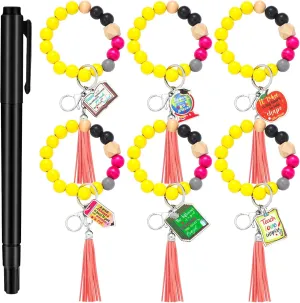 6 Pcs Teacher Appreciation Beaded Keychain Wristlet Gifts Wood Bead Keychain Bracelet with Wood Charm and Marker Pen for Teacher Women Girls Graduation Party